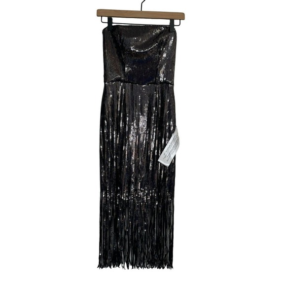 Dress The Population Dress Strapless Sequin Fringe Black Iridescent Size XS NEW - Picture 1 of 11